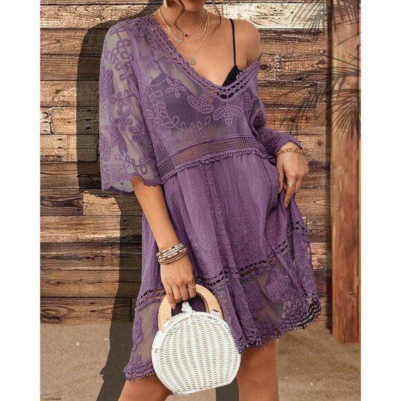 🆕Women Purple Lace Swimwear Cover Up V Neck Beach Dress Vacation Outfit - Picture 3 of 6